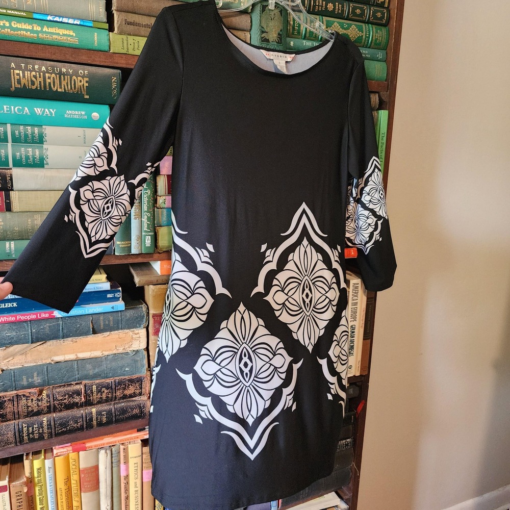 AA Studio AA Black White Geometric Print Knee Length 3/4 Sleeve Dress Womens 4
